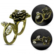 Fashion Spiral Leaf Vine Rose Flower Two Finger Double Knuckle Ring w/ Clear CZ - FRA217