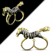 Fashion Gold Color Plated Zebra Two Finger Double Knuckle Ring w/ Clear CZ - FRA229