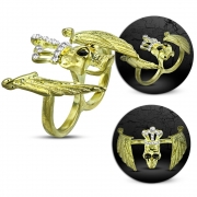 Fashion Gold Color Plated King Skull Devil Wing Two Finger Stretchable Double Knuckle Biker Ring w/ Clear & Jet Black CZ - FRA234