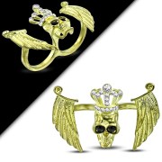 Fashion Gold Color Plated King Skull Devil Wing Two Finger Stretchable Double Knuckle Biker Ring w/ Clear & Jet Black CZ - FRA234