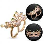 Fashion Rose/ Pink Gold Color Plated Fancy Masquerade Mask Two Finger Double Knuckle Ring w/ Peridot CZ & Bead - FRA235