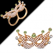 Fashion Rose/ Pink Gold Color Plated Fancy Masquerade Mask Two Finger Double Knuckle Ring w/ Peridot CZ & Bead - FRA235