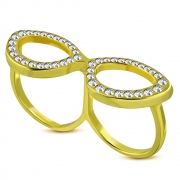 Fashion Gold Color Plated Sun-Glasses Two Finger Double Knuckle Ring w/ Clear CZ - FRA270