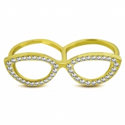 Fashion Gold Color Plated Sun-Glasses Two Finger Double Knuckle Ring w/ Clear CZ - FRA270