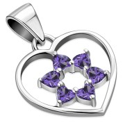 Amethyst CZ Heart Shape Star David Silver Pendant, p360