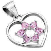Pink CZ Heart Star David Silver Pendant, p360