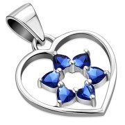 Blue Sapphire CZ Heart Star David Silver Pendant, p360