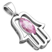 Chamsa Silver Pendant w Pink CZ, p370