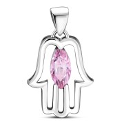 Chamsa Silver Pendant w Pink CZ, p370