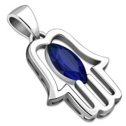 Chamsa Silver Pendant w Blue Sapphire CZ, p370