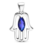 Chamsa Silver Pendant w Blue Sapphire CZ, p370