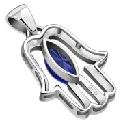 Chamsa Silver Pendant w Blue Sapphire CZ, p370