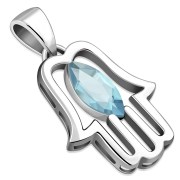 Chamsa Silver Pendant w Blue Topaz CZ, p370