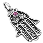 filigree Hamsa Silver Pendant,, set w Pink Swarovski, p384