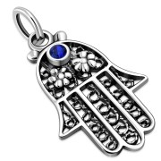 Silver filigree Chamsa Pendant, w Blue Sapphire Swarovski, p384