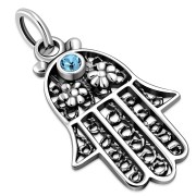 Silver filigree Hamsa Pendant, w Blue Topaz Swarovski, p384