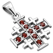 Small Garnet CZ Jerusalem Cross Silver Pendant, p452