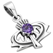 Tiny Silver Thistle Pendant set w Amethyst CZ, p455