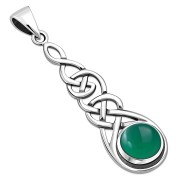 Long Celtic Silver Pendant set w/ Green Agate, p459