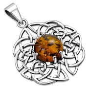 Round Celtic Knot Silver Pendant set w Amber, p460