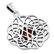 Round Celtic Knot Silver Pendant set w Amber, p460
