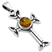 Amber Trinity Knot Cross Silver Pendant, p463