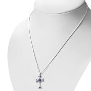 Medium Celtic Trinity Knot Cross Silver Pendant, set w Amethyst Genuine Stone