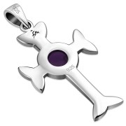 Medium Celtic Trinity Knot Cross Silver Pendant, set w Amethyst Genuine Stone