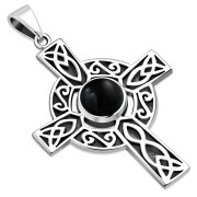 Black Onyx Celtic Trinity Knot Cross Silver Pendant, p465