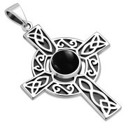 Black Onyx Celtic Trinity Knot Cross Silver Pendant, p465