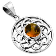 Baltic Amber Round Celtic Knot Silver Pendant, p467