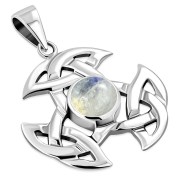 Silver Trinity Knot Pendant, set w Rainbow Moonstone