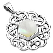 Hexagon Mother of Pearl Round Celtic Knot Silver Pendant, p474