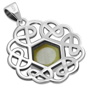 Hexagon Mother of Pearl Round Celtic Knot Silver Pendant, p474