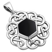 Hexagon Black Onyx Round Celtic Knot Silver Pendant, p474