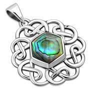 Hexagon Abalone Round Celtic Knot Silver Pendant, p474