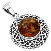 Round Baltic Amber Celtic Knot Silver Pendant (P485AM)