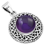 Round Amethyst Stone Celtic Knot Silver Pendant (P485AT)