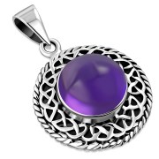 Round Amethyst Stone Celtic Knot Silver Pendant (P485AT)
