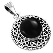 Round Black Onyx Celtic Knot Silver Pendant (P485OXC)