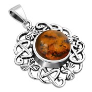 Amber Celtic Knot Shamrock leaves Silver Pendant, p486