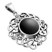 Black Onyx Celtic Knot Shamrock leaves Silver Pendant, p486