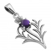 Small Silver Thistle Pendant set w/ Amethyst Cabochon Stone, p491at 