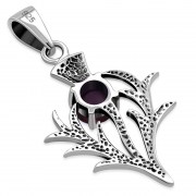 Small Silver Thistle Pendant set w/ Amethyst Cabochon Stone, p491at 