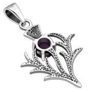 Small Silver Scottish Thistle Pendant set w/ Garnet, p491