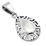 Mother of Pearl Drop Greek Key Silver Pendant, p510