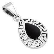 Black Onyx Drop Greek Key Silver Pendant, p510