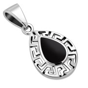 Black Onyx Drop Greek Key Silver Pendant, p510