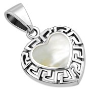 Mother of Pearl Heart Greek Key Silver Pendant, p511