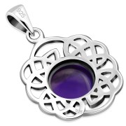 Round Celtic Knot Silver Pendant, set w Amethyst Genuine Stone
